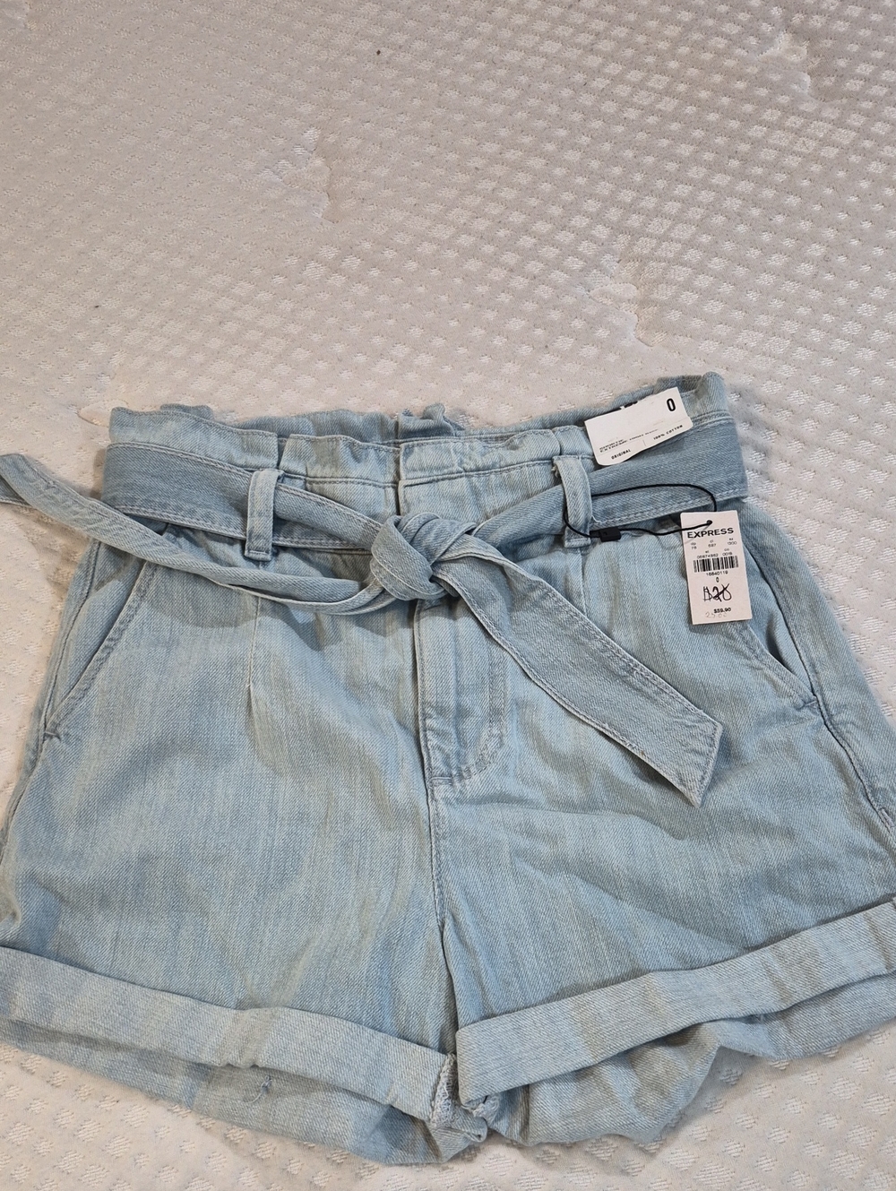 Express Light Blue Paperbag Waist Denim Shorts with Tie Belt